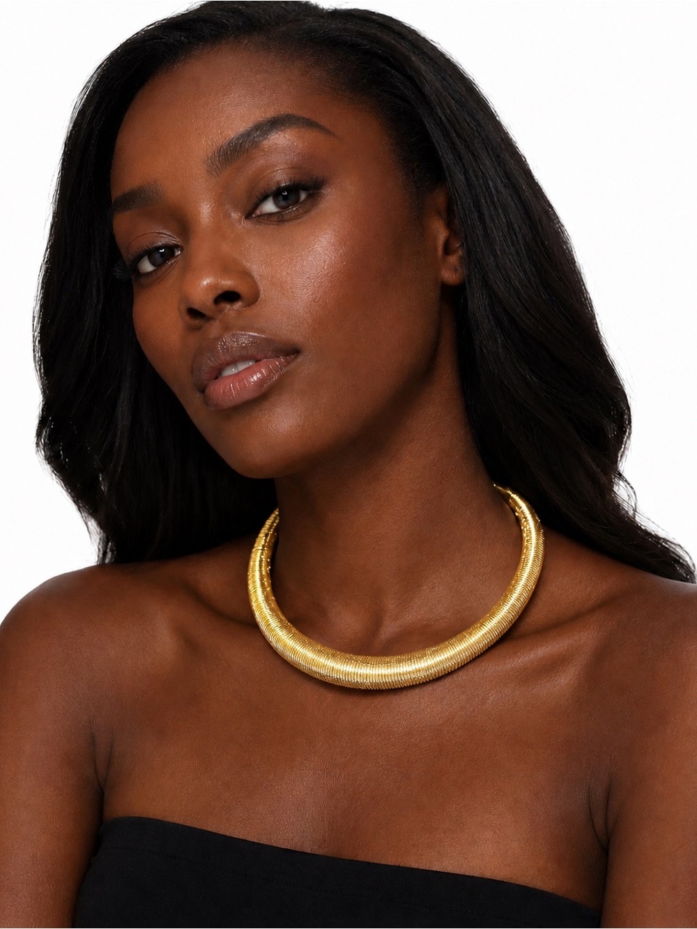 New Gold Tone Statement Collar Necklace – Bold Ribbed Choker Adjustable